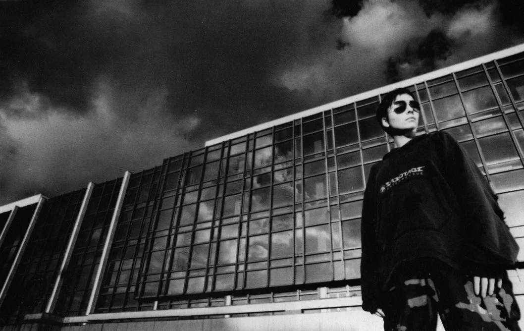 Meret Becker wearing the distressed hooded sweater, Berlin 1995